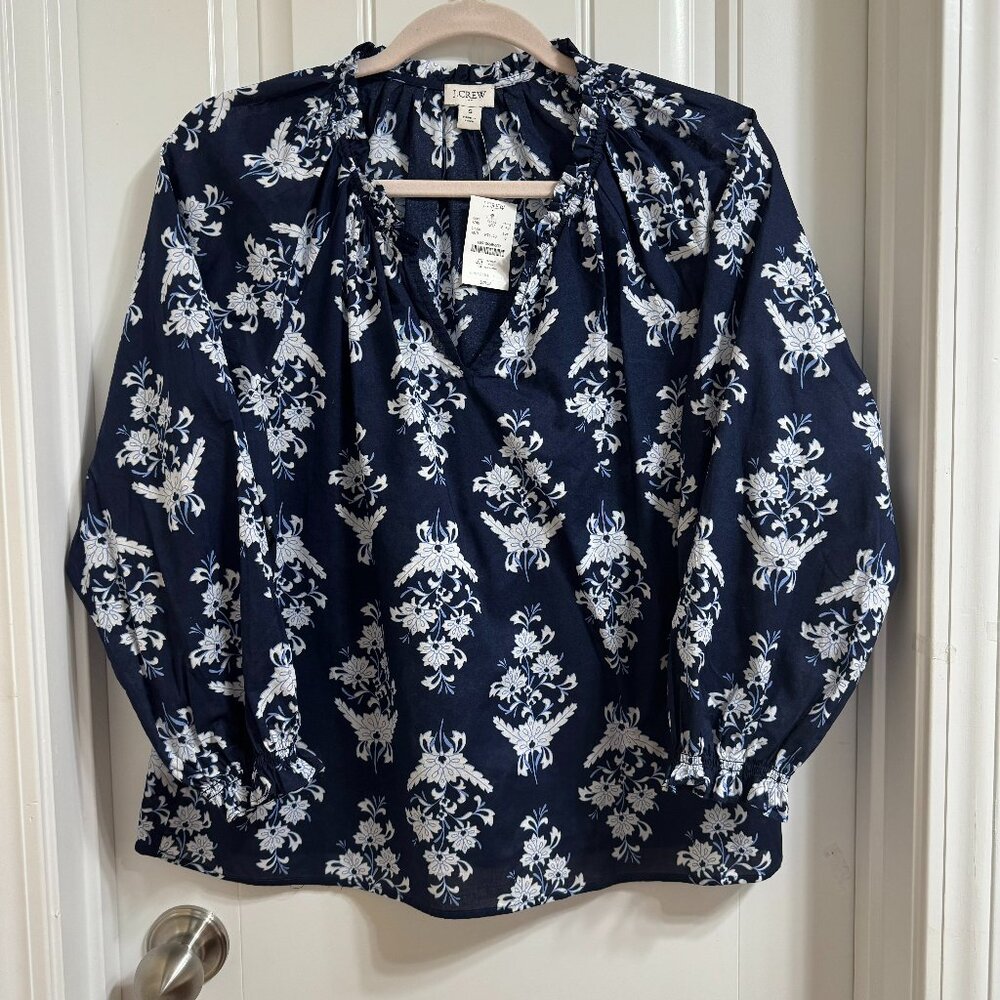 J.Crew Printed Artist Top Blouse Floral Navy Sheer Size Small Cottage Peasant